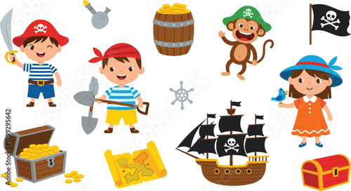 Cute cartoon pirate kids with treasure chests, gold coins, a ship, and monkey, perfect for children’s adventures, party themes, and playful nautical designs.