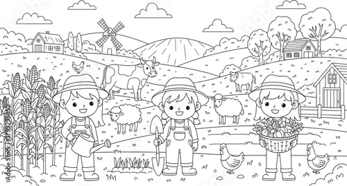 Cute children on a farm with animals and crops, black and white line art for coloring books, kids activities, agriculture, and rural life themes