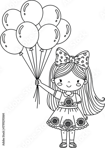 Cute little girl holding a bunch of balloons, smiling happily in a floral dress with bow, line art vector illustration for birthday, celebration, and childhood joy themes