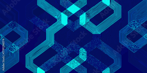 Abstract geometric circuit board pattern with glowing cyan lines on a dark blue background
