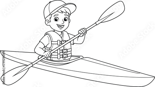 Happy boy kayaking with paddle, wearing life vest and cap, line art vector illustration for outdoor adventure, water sports, summer fun, and youth activity themes
