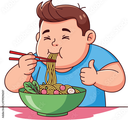 Happy cartoon man eating noodles with chopsticks, giving thumbs up, vector illustration for food, restaurant, Asian cuisine, and joyful dining themes