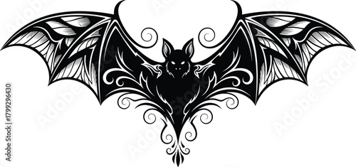 Stylized black bat with ornate wings, gothic vector illustration for Halloween, tattoo design, horror themes, spooky decor, and dark fantasy art