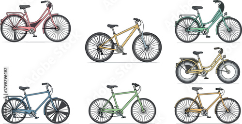 Set of Six Colorful Classic Bicycles in Various Colors and Styles