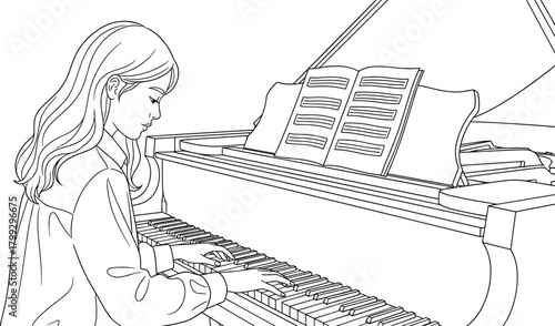 Young woman playing grand piano with sheet music, focused expression, line art vector illustration for music education, practice, and classical performance themes