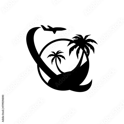 Dynamic travel logo of an airplane flying around a tropical island with palm trees, enclosed in a circle. Represents global vacation, adventure, and tourism agency branding.