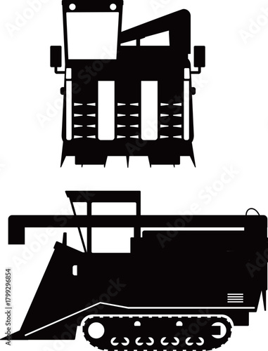 正面、横から見たコンバイン（農業機械）の白黒シルエット