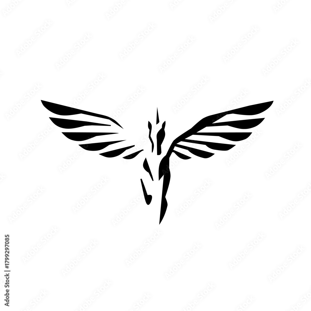 Obraz premium Abstract stylized Pegasus or winged horse icon in flight, symbolizing freedom, speed, mythology, power, grace, and soaring ambition. Ideal for dynamic, bold concepts.