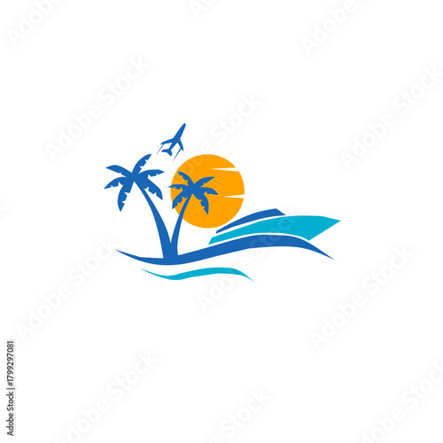 Tropical travel and vacation icon: Palm trees, sun, yacht, and plane, symbolizing luxury holidays, global tourism, seaside adventures, and various modes of destination travel.