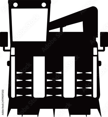 正面から見たコンバイン（農業機械）の白黒シルエット