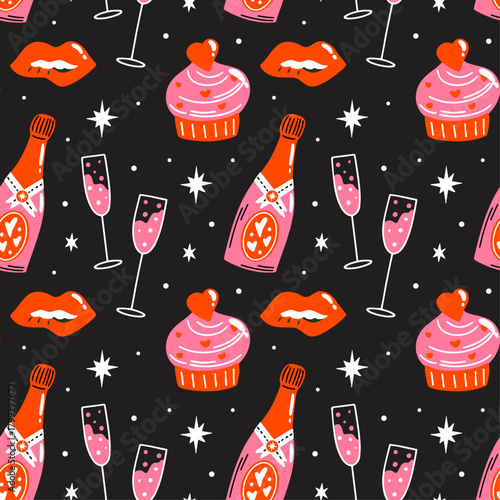 Saint Valentine's Day cute seamless vector pattern design with coquette romantic cartoon illustration of heart, cupcake, cocktail drink, sparkling wine, passion, 14 February love date themed