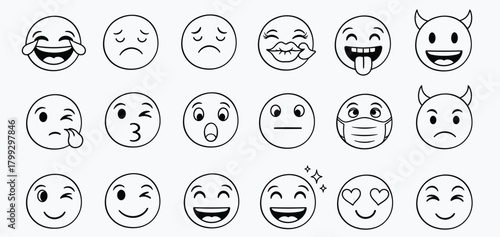 Collection of hand drawn oval faces expressing a wide range of emotions and expressions