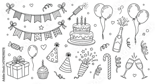 Whimsical hand drawn birthday celebration elements including cake balloons gifts and party decorations