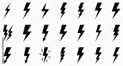 Collection of black lightning bolt icons representing energy power and electricity in a grid pattern
