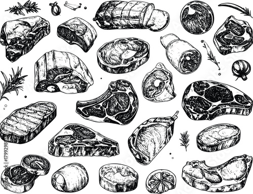 Black and white illustration of meat slices 