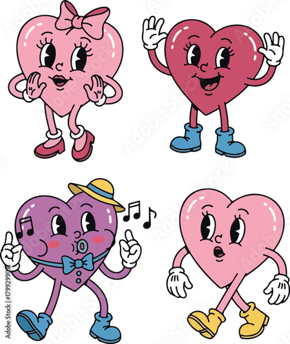 Retro Cartoon Hearts Characters Collection Vector
