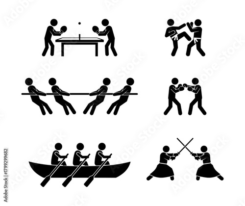Stickman Sports and Competition Silhouette Icon Set for Team and Martial Activities.