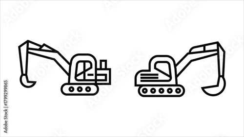 Heavy Earthmoving Machine Set and Excavator Bulldozer Backhoe Loader line art