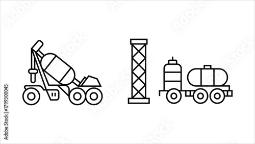 Heavy Construction Vehicles and Concrete Mixer Forklift Crane line art.
