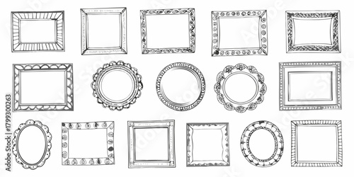 Collection of hand drawn decorative picture frames in various shapes and styles