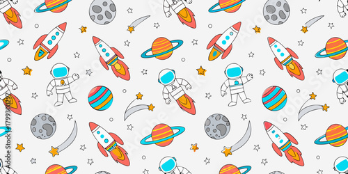 Cute cartoon space pattern with astronauts rockets planets stars and moons on white background