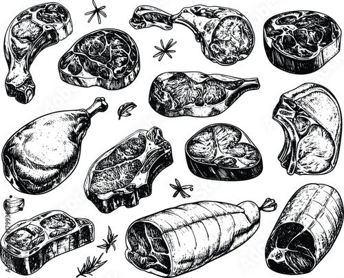 Black and White Meat Slice Engraving Art 