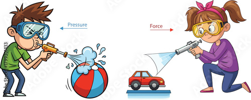 Kids demonstrating pressure and force using water guns in a fun educational science illustration showing physics concepts through playful experiments and learning