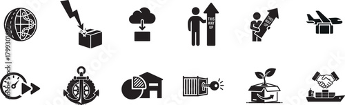 Collection of business and technology icons representing growth and innovation