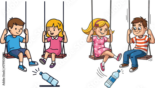 Children playing on swings while knocking over a plastic bottle, showing motion, balance, fun outdoor activity, cartoon illustration, playful movement