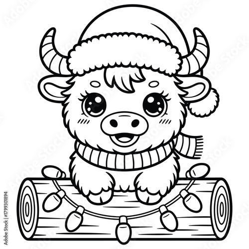 Cute cartoon bull wearing a santa hat and scarf