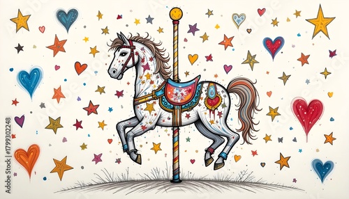 Hand Drawn Colorful Carousel Horse Surrounded by Stars and Hearts