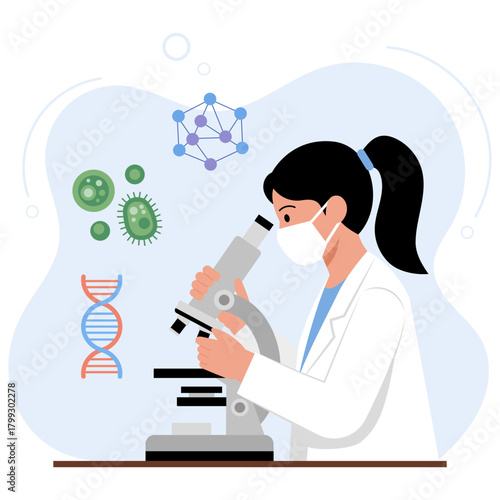 Female scientist researching microbiology and genetics with a microscope