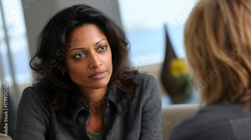 Professional woman actively listening to another person, showing empathy during a serious business discussion in an office setting