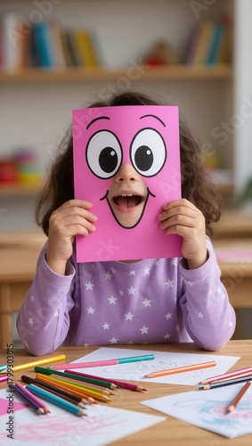 A playful Middle Eastern girl holding a pink cartoon-eye card over her face, expressing excitement and creativity in a bright classroom setting, perfect for education and childhood themes.
