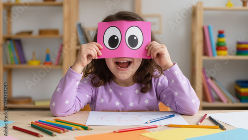 A playful Middle Eastern girl holding a pink cartoon-eye card over her face, expressing excitement and creativity in a bright classroom setting, perfect for education and childhood themes.