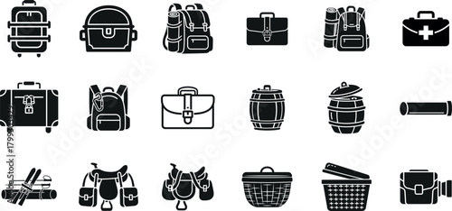 Collection of black and white travel and outdoor gear icons