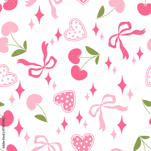 Valentine day valentine seamless pattern with cherry heart flower and bow design for fabric, cotton, wallpaper, satin all types of print textile and background
