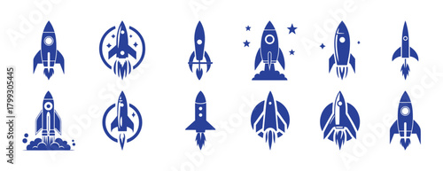 Collection of Blue Rocket Ship Icons and Symbols for Space Exploration and Launch