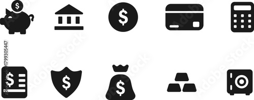 Minimalist Solid Finance and Banking Glyph Icons Set in Clean Flat Dark Silhouette Style