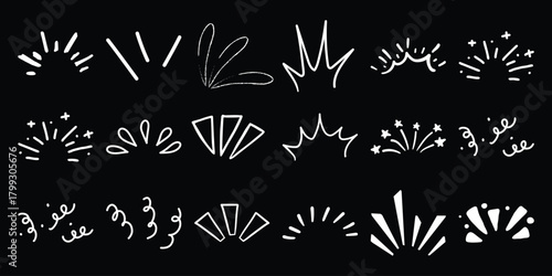 Collection of Hand-Drawn White Burst and Sparkle Elements on Black Background