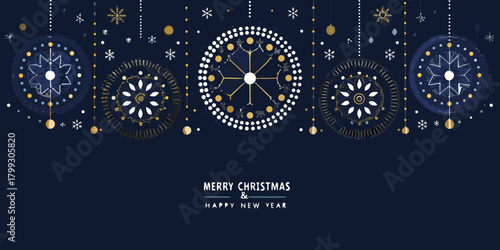 Festive merry christmas and happy new year greeting card with hanging ornaments and snowflakes