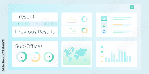 Modern dashboard interface displaying present and previous results with charts and world map
