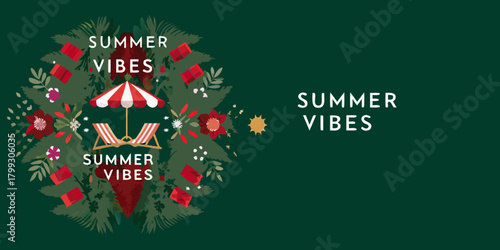 Festive summer vibes with beach chairs and umbrella surrounded by floral decorations and gifts