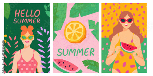 Vibrant summer collection featuring happy women fruits and tropical leaves