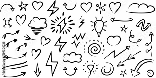 Collection of hand drawn black doodle elements including arrows hearts lightning bolts clouds stars and lightbulbs on white background