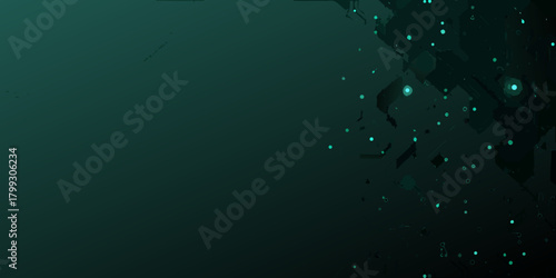 Abstract dark teal background with scattered glowing cyan dots and geometric shapes on the right side