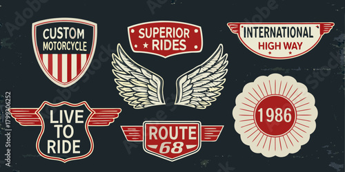 Collection of vintage motorcycle emblems and badges with wings and text for design
