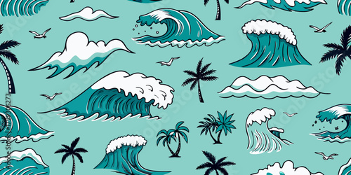 Seamless pattern of stylized ocean waves palm trees and seagulls on a teal background