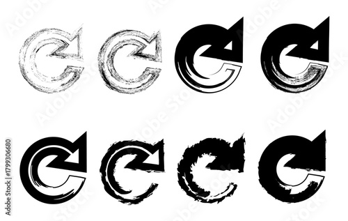 A set of rough, grunge circular arrow icons featuring hand made brush textures. Suitable for UI design, app interfaces, marketing graphics, posters, banners, and modern digital artwork. 