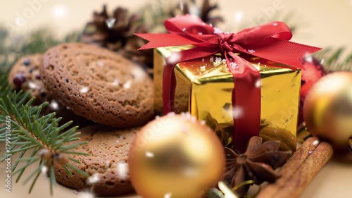 Festive Christmas Gift Box with Ornaments and Cookies.